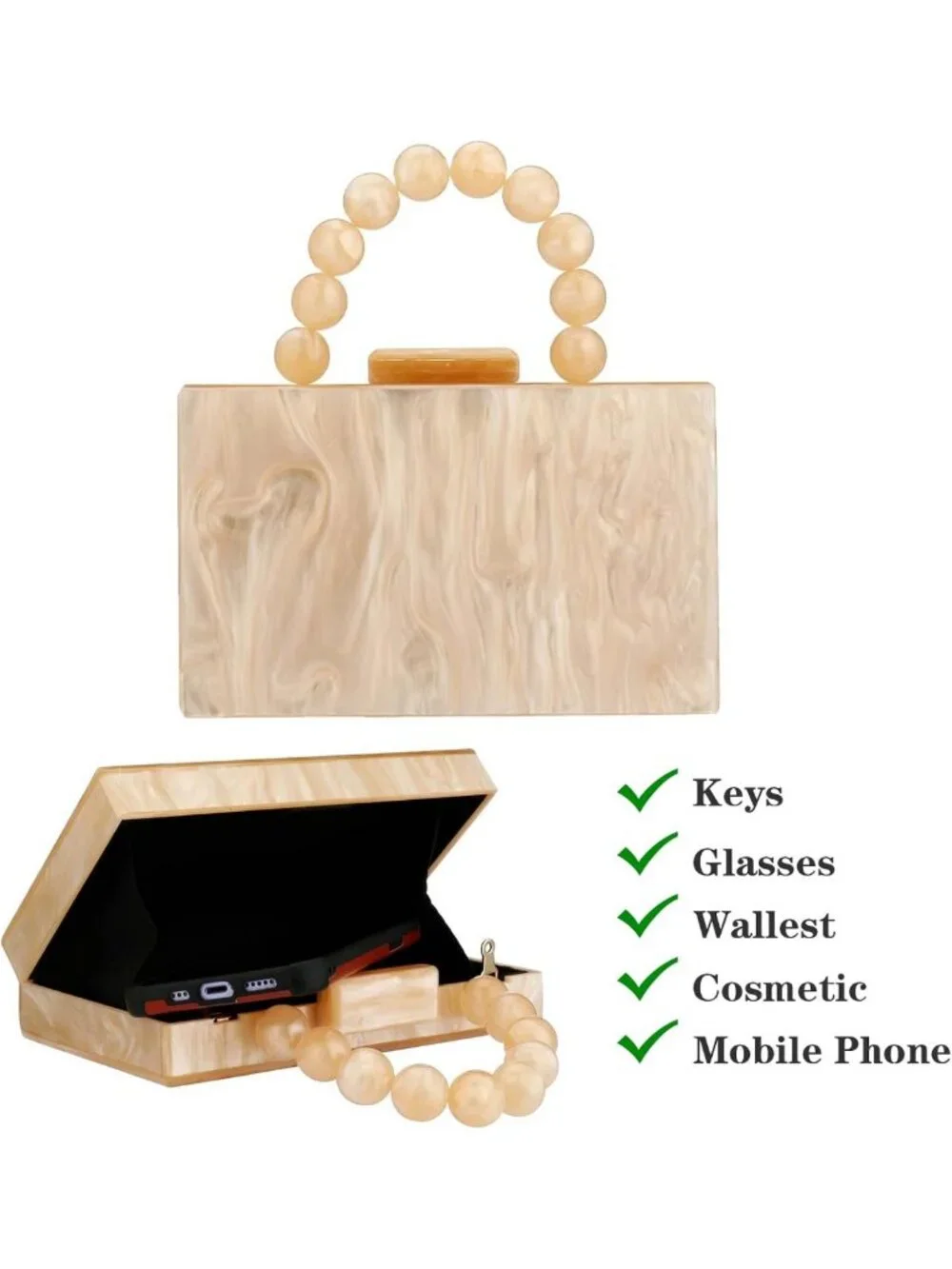 Chic Acrylic Evening Clutch Bag with Pearl Chain - Marbled Handbag for Weddings